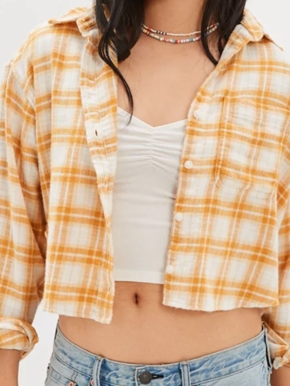 American Eagle Outfitters Yellow & White Plaid Button-Up Jacket